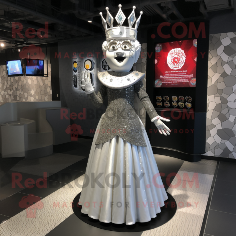 Silver Queen mascot costume character dressed with a A-Line Dress and Lapel pins