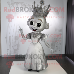 Silver Queen mascot costume character dressed with a A-Line Dress and Lapel pins