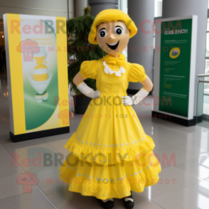 Yellow Irish Dancer mascot costume character dressed with a Dress and Pocket squares