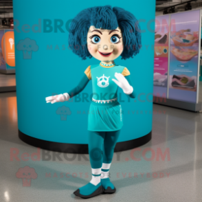 Teal Irish Dancer mascot costume character dressed with a Yoga Pants and Shoe laces
