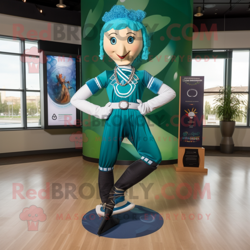 Teal Irish Dancer mascot costume character dressed with a Yoga Pants and Shoe laces Teal Irish Dancer mascot costume character dressed with a Yoga Pants and Shoe laces