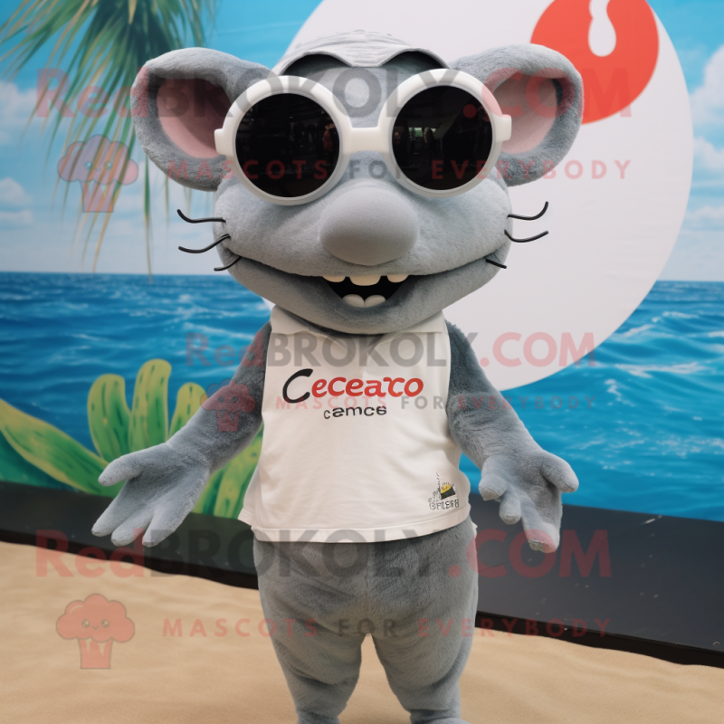 Gray Ceviche mascot costume character dressed with a Henley Shirt and Sunglasses Gray Ceviche mascot costume character dressed with a Henley Shirt and Sunglasses