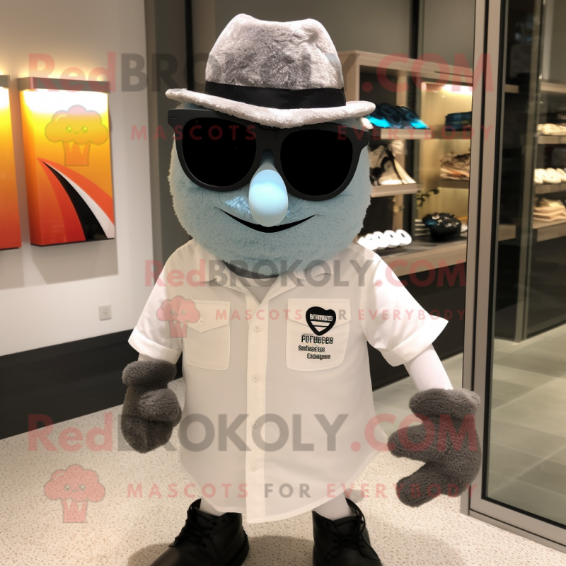 Gray Ceviche mascot costume character dressed with a Henley Shirt and Sunglasses Gray Ceviche mascot costume character dressed with a Henley Shirt and Sunglasses