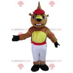 Mascot brown and yellow beaver in white and red outfit -