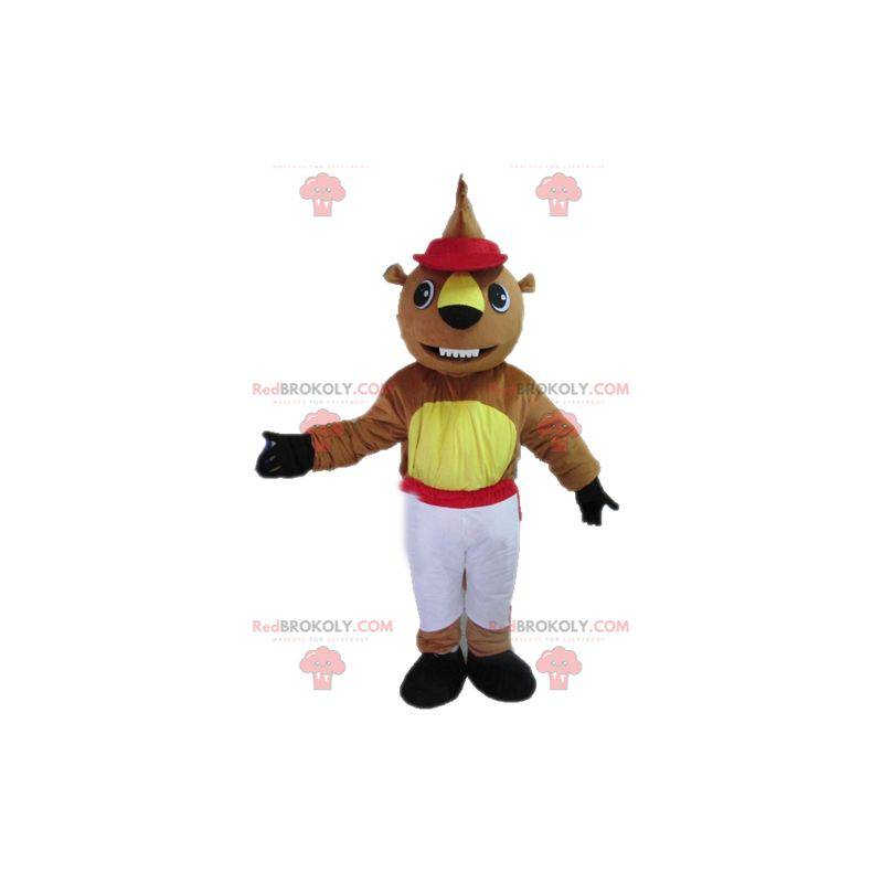 Mascotte de castor marron et jaune en tenue blanche et rouge -