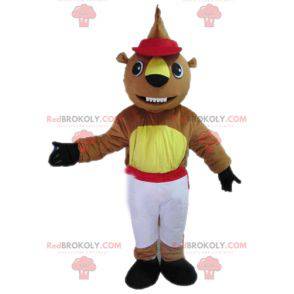 Mascot castor marrón y amarillo en traje blanco y rojo -