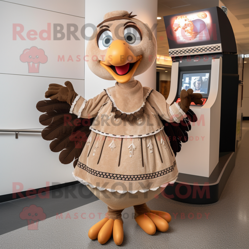 Tan Turkey mascot costume character dressed with a Skirt and Brooches Tan Turkey mascot costume character dressed with a Skirt and Brooches
