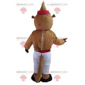Mascot brown and yellow beaver in white and red outfit -