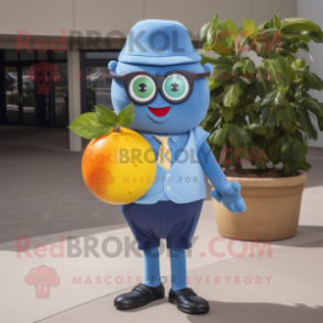 Blue Grapefruit mascot costume character dressed with a Henley Shirt and Reading glasses