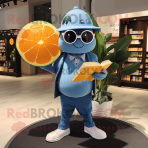 Blue Grapefruit mascot costume character dressed with a Henley Shirt and Reading glasses