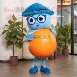 Blue Grapefruit mascot costume character dressed with a Henley Shirt and Reading glasses