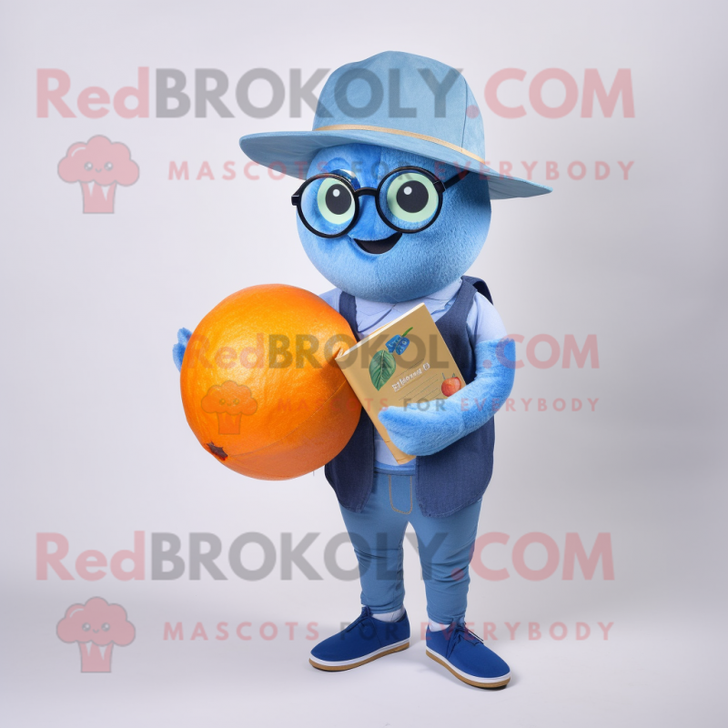 Blue Grapefruit mascot costume character dressed with a Henley Shirt and Reading glasses