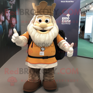 Tan King mascot costume character dressed with a Polo Shirt and Backpacks