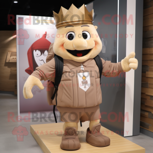 Tan King mascot costume character dressed with a Polo Shirt and Backpacks