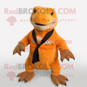 Orange Komodo Dragon mascot costume character dressed with a Wrap Skirt and Ties