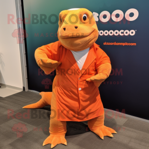 Orange Komodo Dragon mascot costume character dressed with a Wrap Skirt and Ties