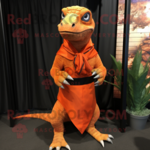 Orange Komodo Dragon mascot costume character dressed with a Wrap Skirt and Ties