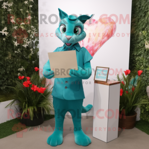 Teal Love Letter mascot costume character dressed with a V-Neck Tee and Clutch bags