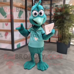 Teal Love Letter mascot costume character dressed with a V-Neck Tee and Clutch bags