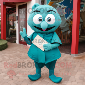 Teal Love Letter mascot costume character dressed with a V-Neck Tee and Clutch bags