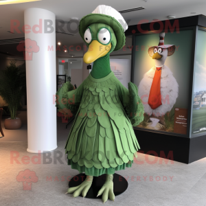 Green Turkey mascot costume character dressed with a Empire Waist Dress and Caps