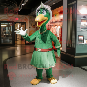 Green Turkey mascot costume character dressed with a Empire Waist Dress and Caps