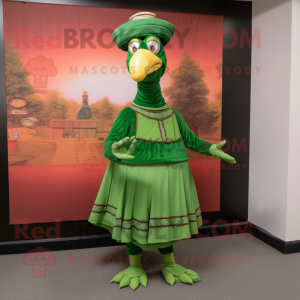 Green Turkey mascot costume character dressed with a Empire Waist Dress and Caps