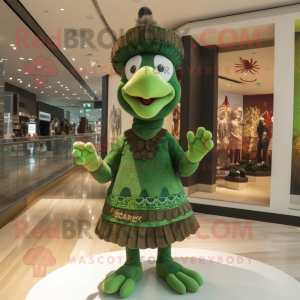 Green Turkey mascot costume character dressed with a Empire Waist Dress and Caps