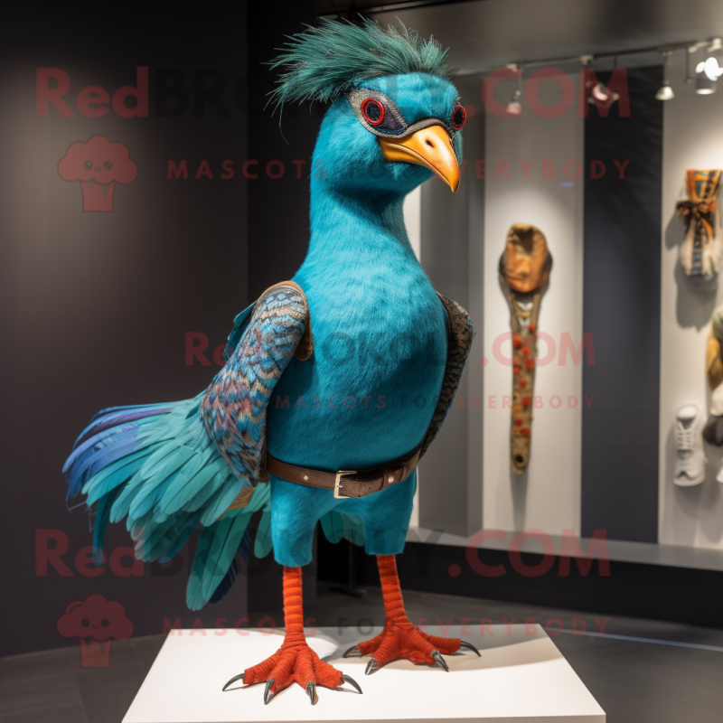 Turquoise Pheasant mascot costume character dressed with a Bootcut Jeans and Cufflinks