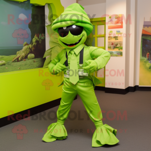 Lime Green Commando mascot costume character dressed with a Capri Pants and Bow ties
