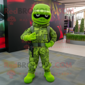 Lime Green Commando mascot costume character dressed with a Capri Pants and Bow ties