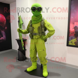 Lime Green Commando mascot costume character dressed with a Capri Pants and Bow ties