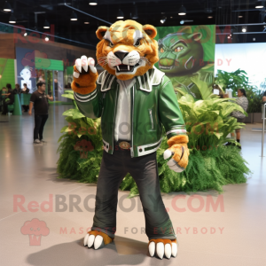 Green Saber-Toothed Tiger mascot costume character dressed with a Leather Jacket and Bow ties