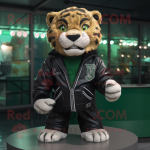 Green Saber-Toothed Tiger mascot costume character dressed with a Leather Jacket and Bow ties