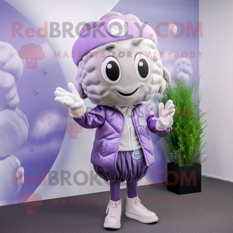 Lavender Oyster mascot costume character dressed with a Jacket and Headbands