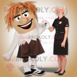 Tan Goulash mascot costume character dressed with a Pencil Skirt and Shoe clips