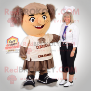 Tan Goulash mascot costume character dressed with a Pencil Skirt and Shoe clips