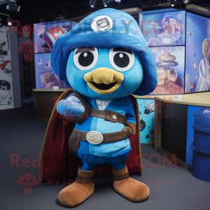 Blue Pirate mascot costume character dressed with a Hoodie and Rings