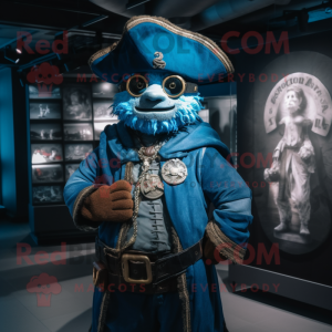 Blue Pirate mascot costume character dressed with a Hoodie and Rings