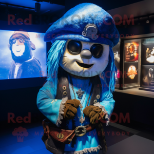 Blue Pirate mascot costume character dressed with a Hoodie and Rings