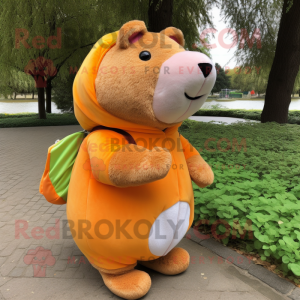 Peach Capybara mascot costume character dressed with a Jacket and Wraps