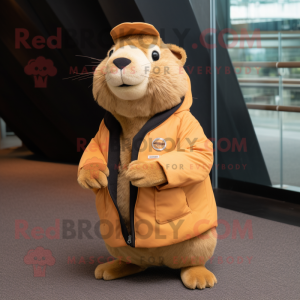 Peach Capybara mascot costume character dressed with a Jacket and Wraps