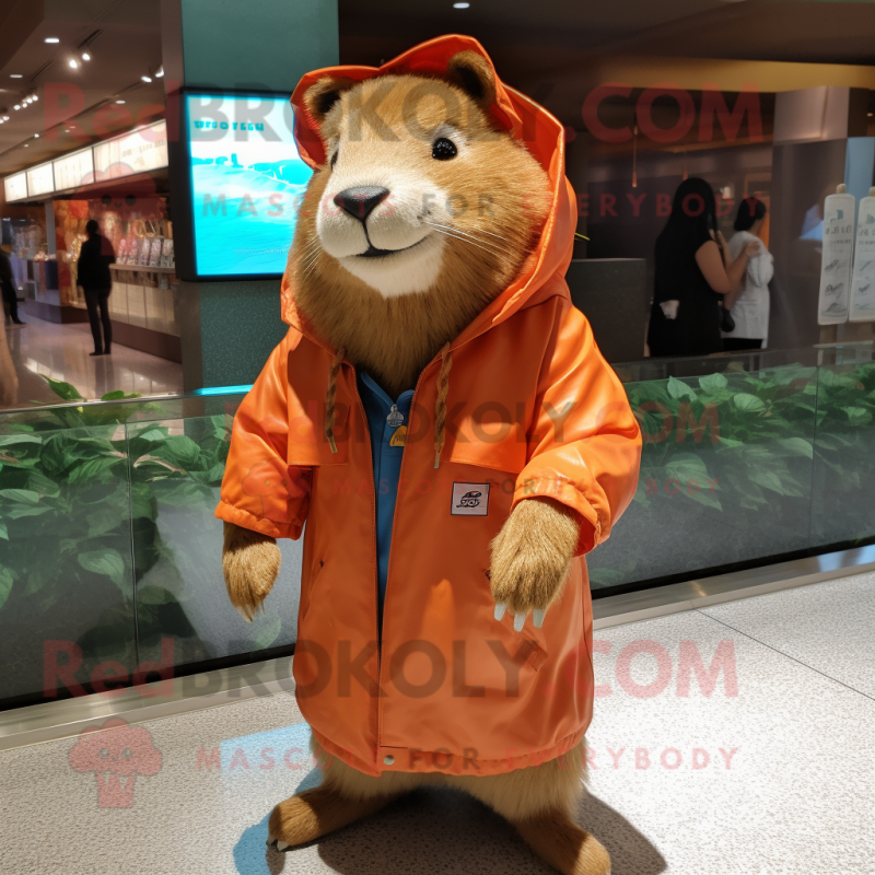 Peach Capybara mascot costume character dressed with a Jacket and Wraps