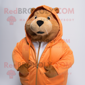Peach Capybara mascot costume character dressed with a Jacket and Wraps