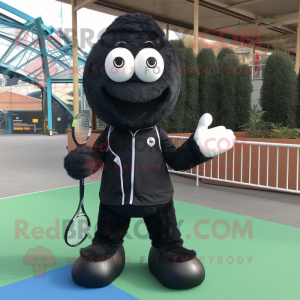 Black Tennis Racket mascot costume character dressed with a Jacket and Foot pads