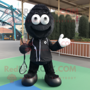 Black Tennis Racket mascot costume character dressed with a Jacket and Foot pads