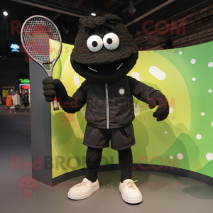 Black Tennis Racket mascot costume character dressed with a Jacket and Foot pads