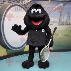 Black Tennis Racket mascot costume character dressed with a Jacket and Foot pads