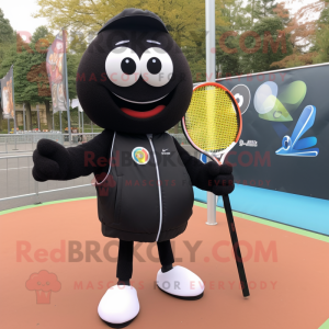 Black Tennis Racket mascot costume character dressed with a Jacket and Foot pads
