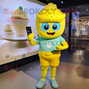 Lemon Yellow Cupcake mascot costume character dressed with a Capri Pants and Smartwatches